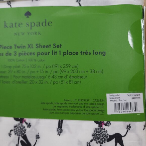 Kate Spade New York 3 Piece Twin XL Sheet Set Dancing Poodles Cotton Black White - Picture 8 of 9